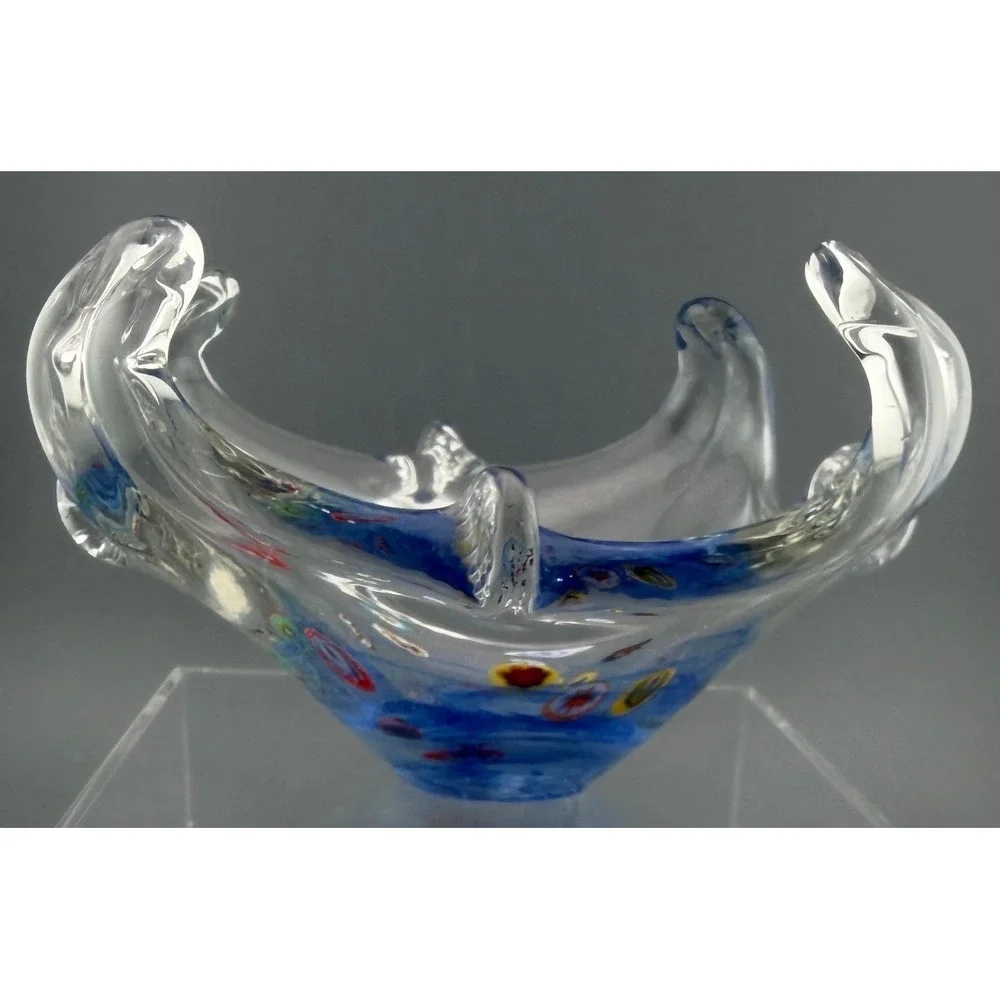 Vintage Murano Style Millefiori Art Glass Bowl Blue Hand Blown Italian 7